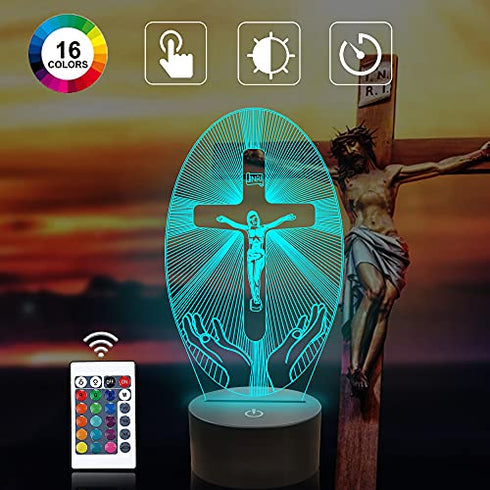Cross 3D Night Light, Attivolife Jesus Illusion Hologram Lamp 16 color